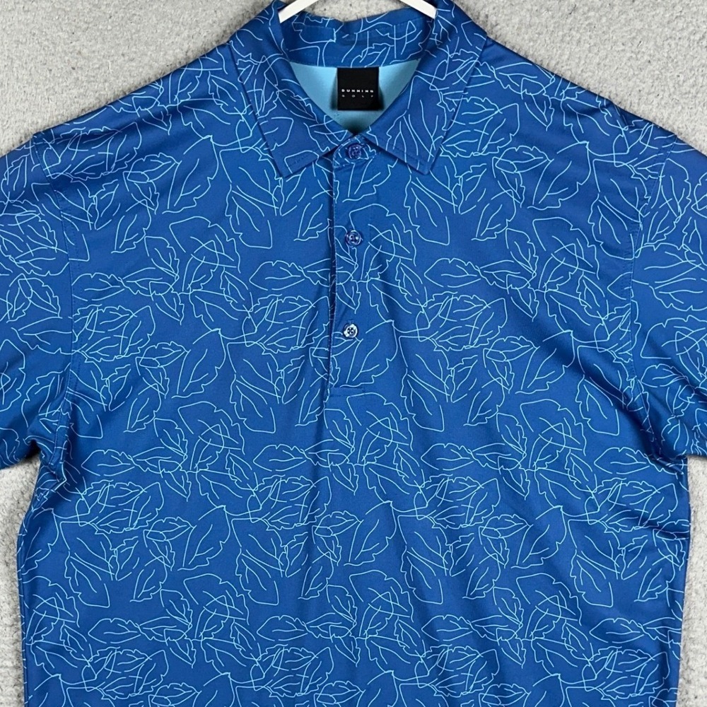 Dunning Golf Polo Shirt Mens Large Blue Leaf Print Performance Stretch Rugby EUC